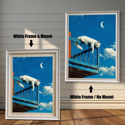 Two versions of the cat art: a **White Frame & Mount** (with a border/mat) on the left, and a **White Frame / No Mount** on the right, against a paneled wall.