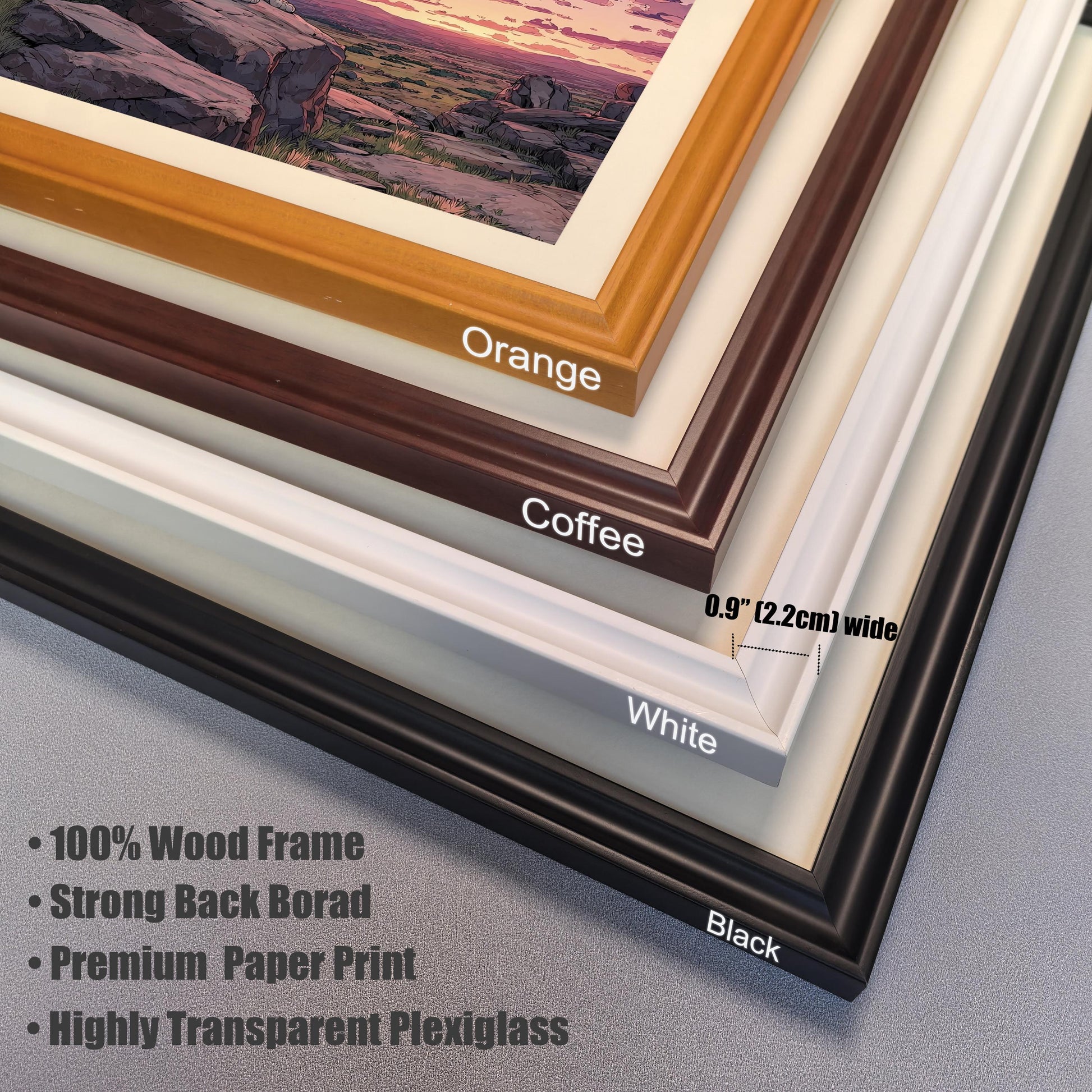 Stacked corner samples of the four frame colors: **Orange**, **Coffee**, **White**, and **Black**. Text lists materials: 100% Wood Frame, Strong Back Board, Premium Paper Print, Highly Transparent Plexiglass.