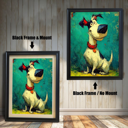Two framed versions of the dog art against a white wall: "Black Frame & Mount" (smaller, left) and "Black Frame / No Mount" (larger, right).