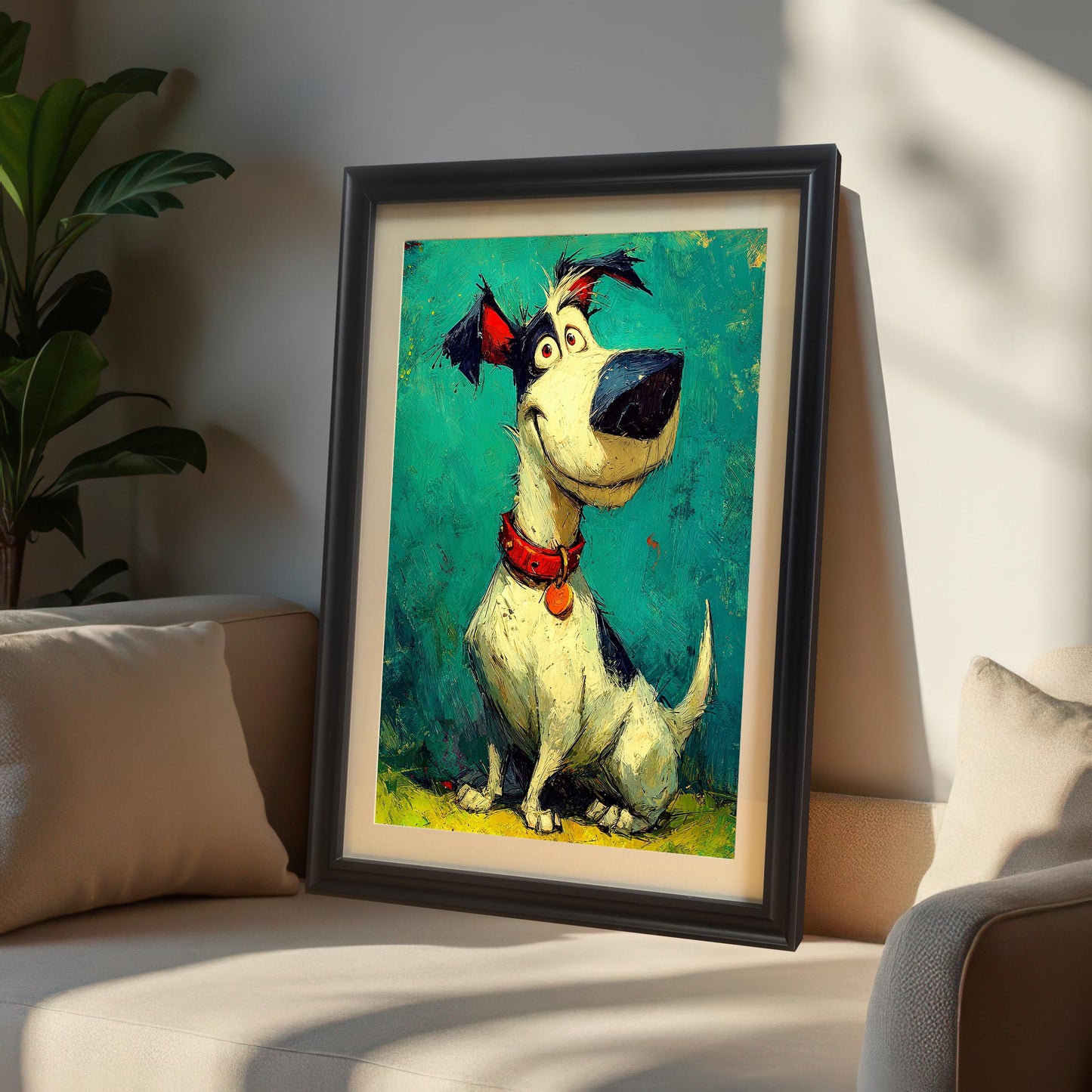 A black-framed dog print leans on a beige couch, lit by a window with a dramatic shadow casting across it.