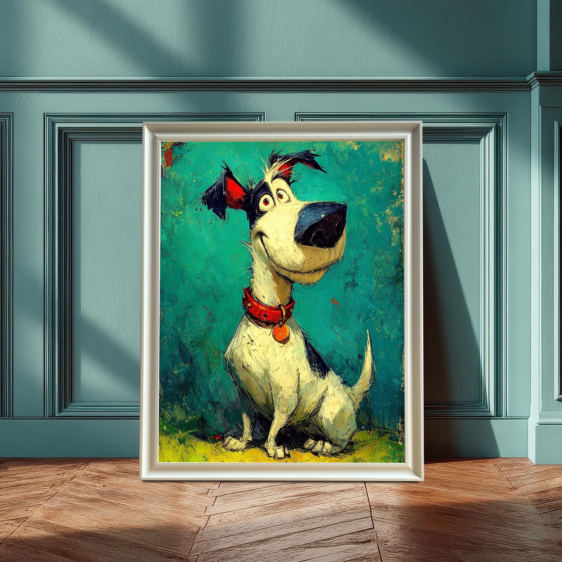 A white-framed dog print leans on the floor against a teal wall with wainscoting.