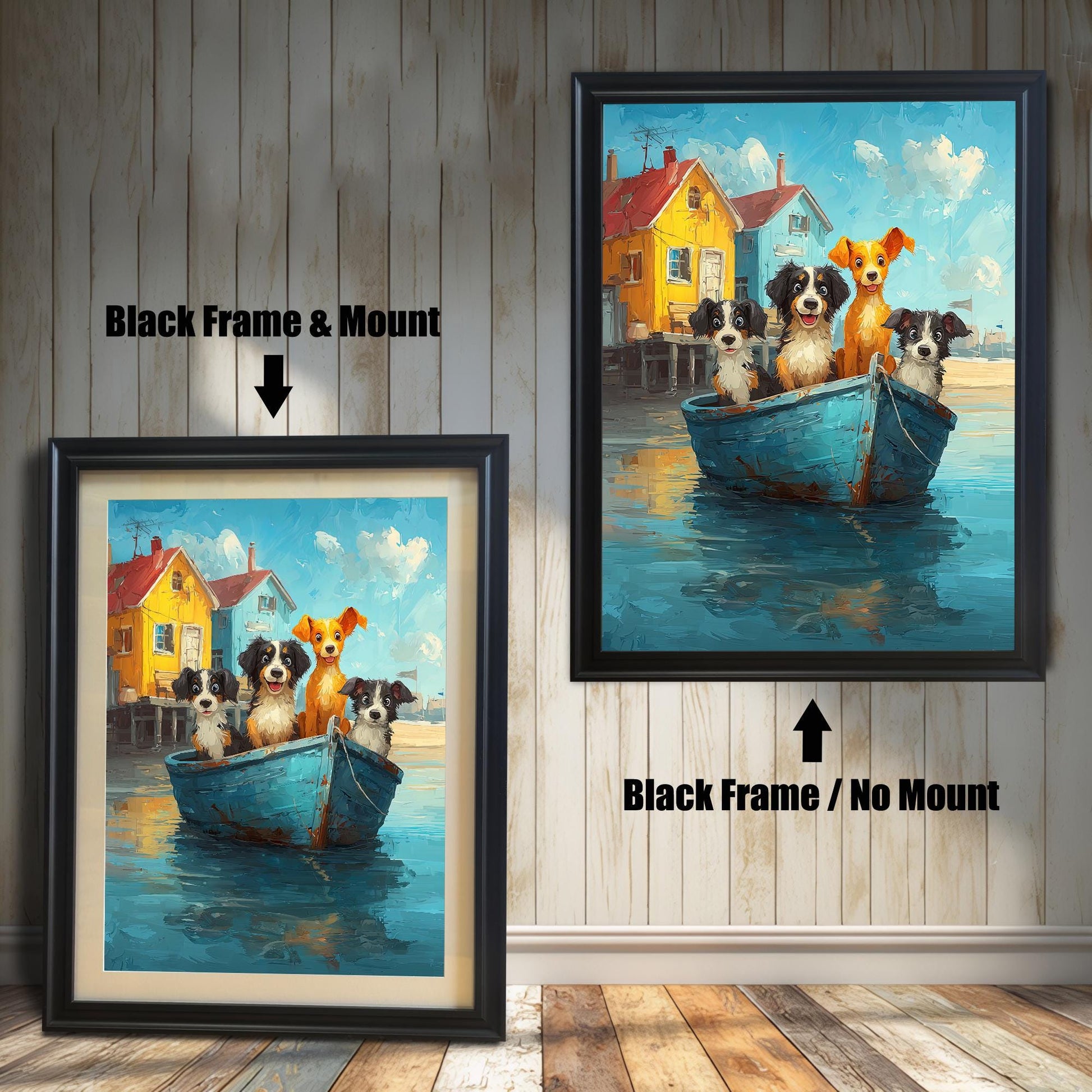 A comparison of the dog boat art print with a Black Frame and a Mount (bottom-left) versus a Black Frame with No Mount (top-right).