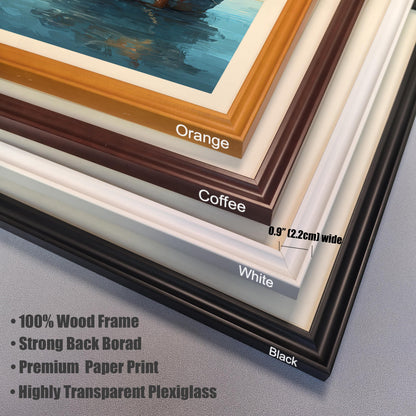 A close-up stack showing the four available frame colors: Orange, Coffee, White, and Black, noting that the frame is 100% Wood and 0.9" (2.2cm) wide.