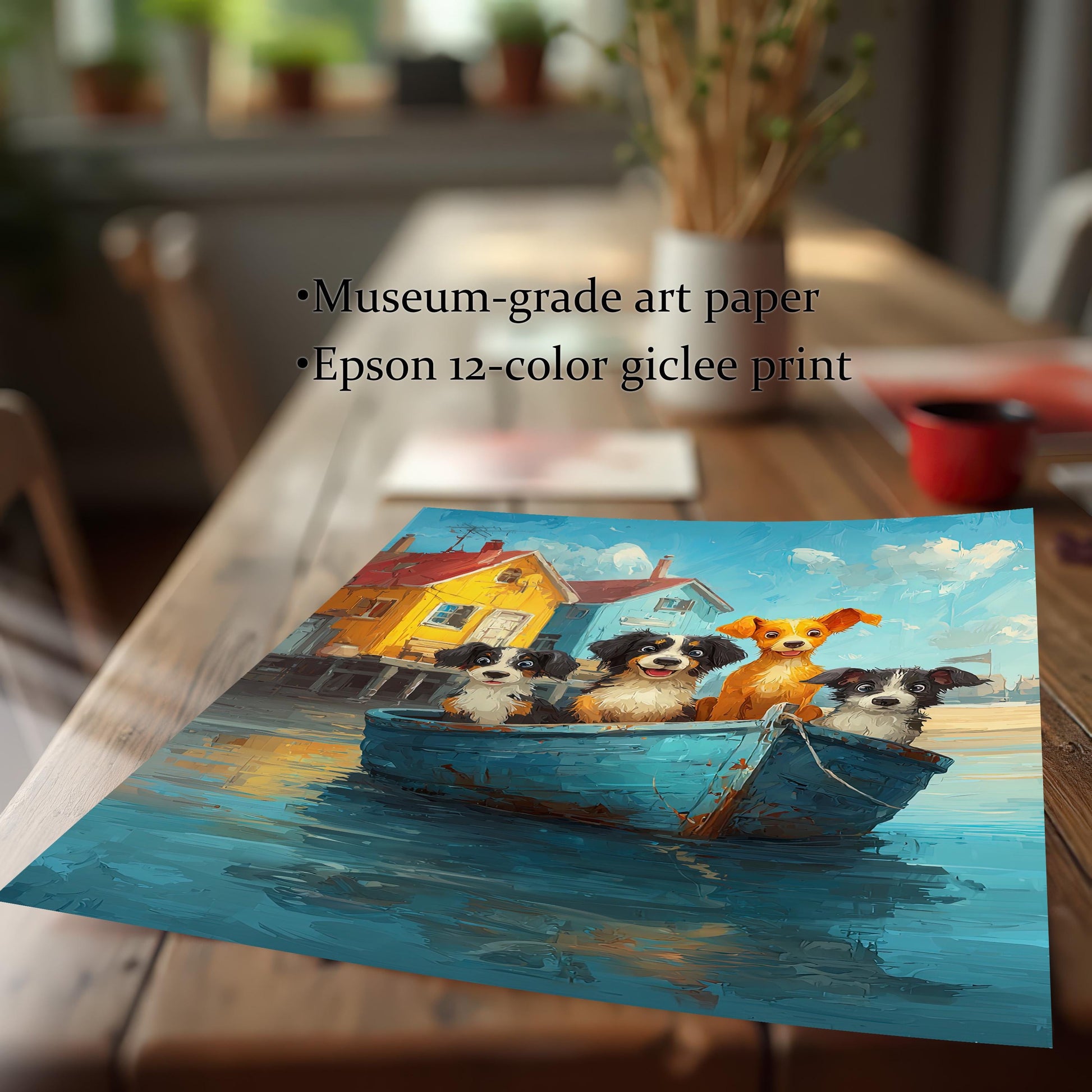 The dog boat art print on a wooden table, emphasizing the Museum-grade art paper and Epson 12-color giclee print quality.