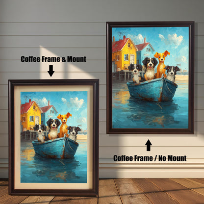 A comparison of the dog boat art print with a Coffee Frame and a Mount (bottom-left) versus a Coffee Frame with No Mount (top-right).