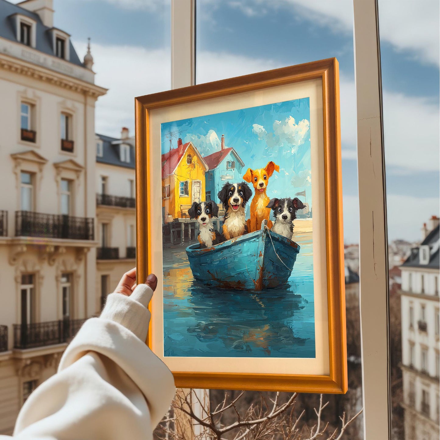 A person holds the framed dog boat art print in an orange frame up in front of a window overlooking a cityscape.