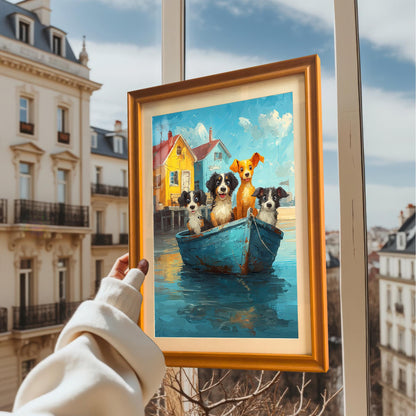 A person holds the framed dog boat art print in an orange frame up in front of a window overlooking a cityscape.