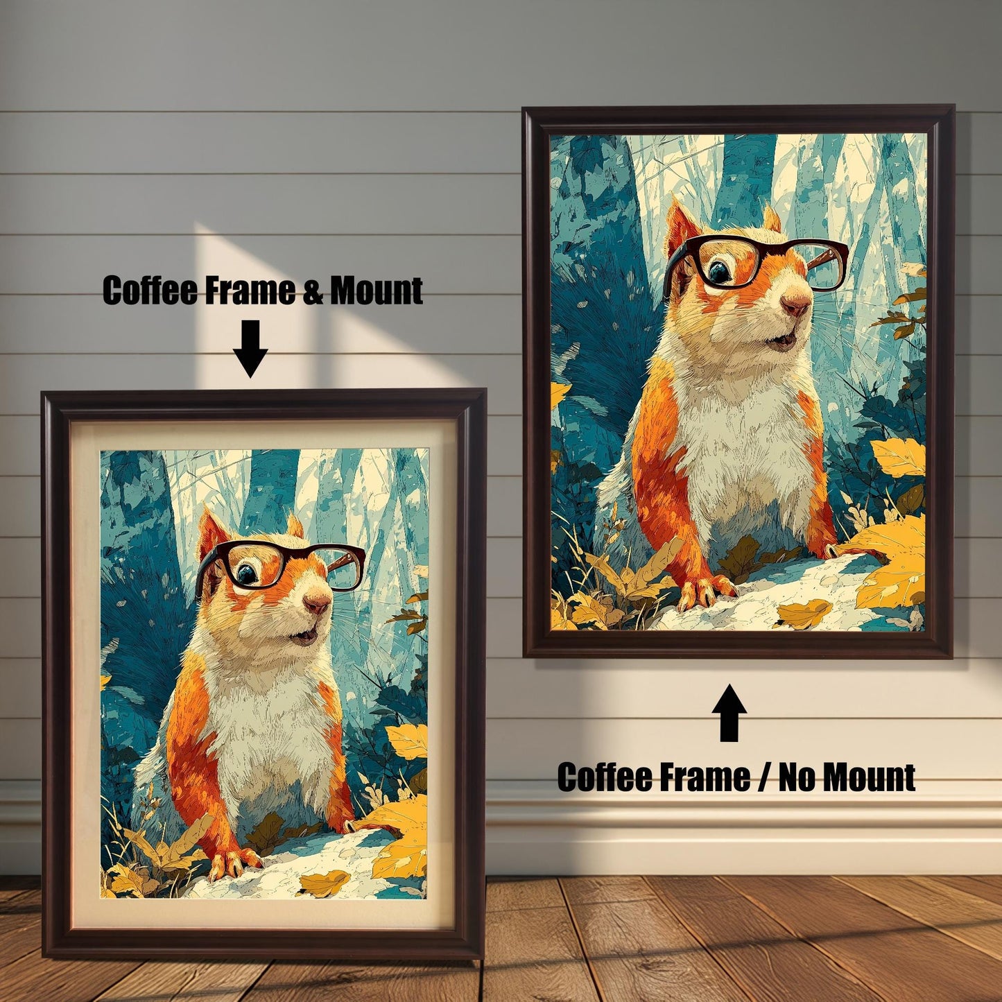 Comparison of the squirrel art in a dark Coffee wood frame, showing options for with a Mount (matte) and No Mount.