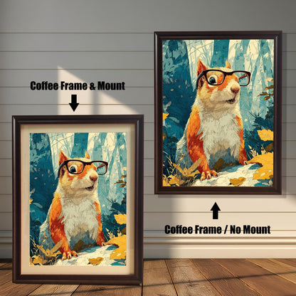 Comparison of the squirrel art in a dark Coffee wood frame, showing options for with a Mount (matte) and No Mount.
