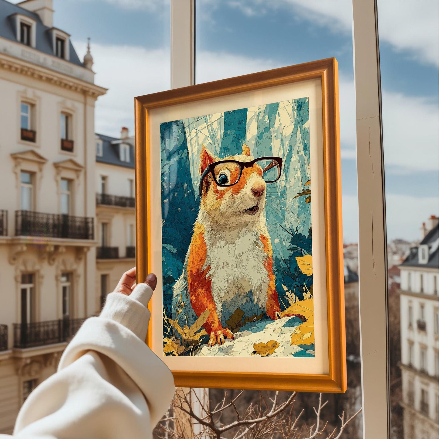 Hand holding the squirrel art in a golden Orange wood frame, positioned in front of a window overlooking a cityscape.
