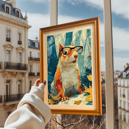 Hand holding the squirrel art in a golden Orange wood frame, positioned in front of a window overlooking a cityscape.