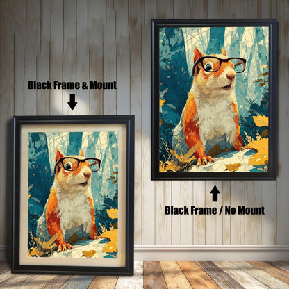 Comparison of the squirrel art in a Black wood frame, showing options for with a Mount (matte) and No Mount.