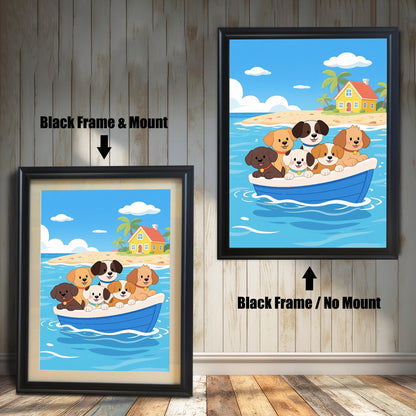 Comparison of two black-framed prints: one with a white mount (mat) and one without, both featuring the cartoon of dogs in a boat.