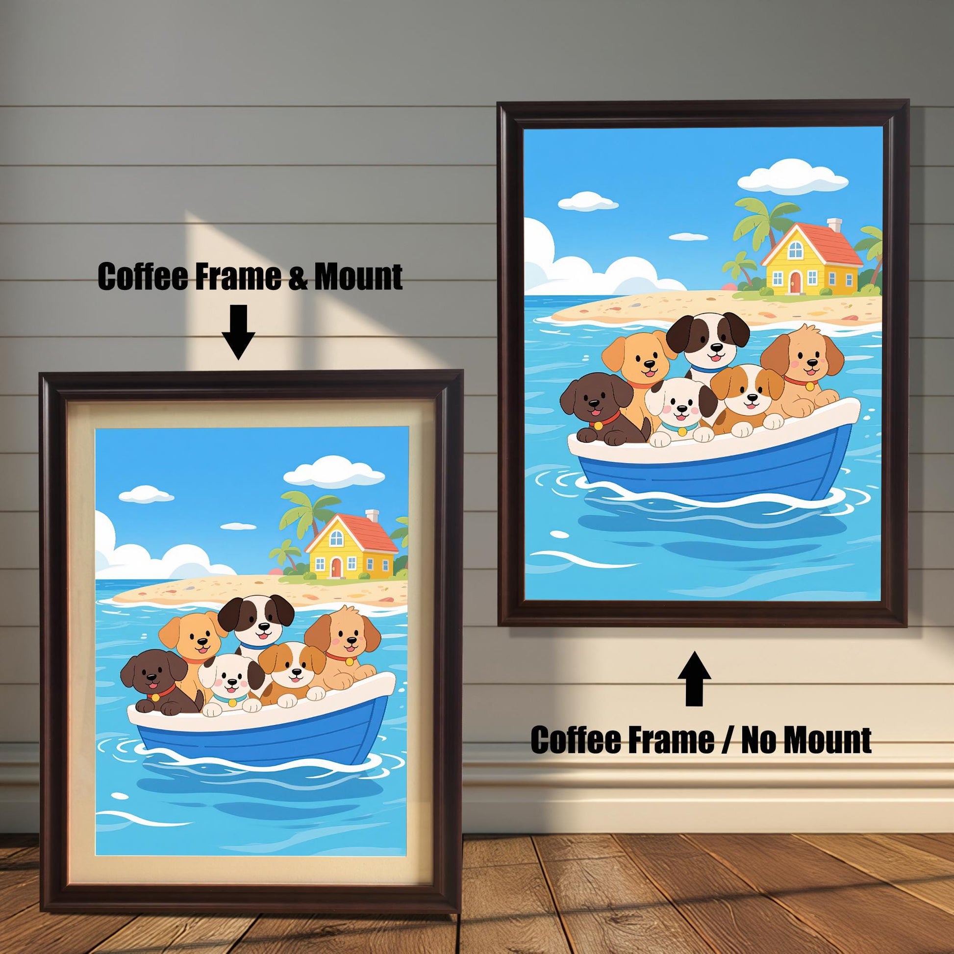 Comparison of two coffee-framed prints: one with a white mount (mat) and one without, both featuring the cartoon of dogs in a boat.