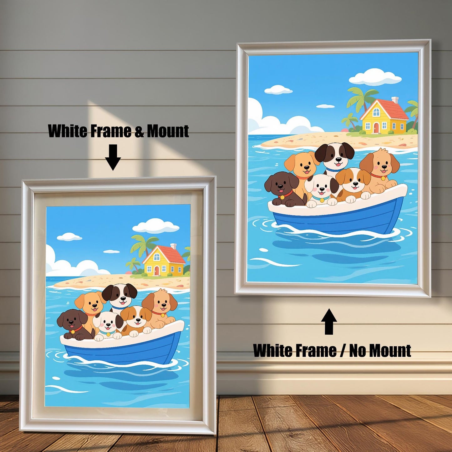 Comparison of two white-framed prints: one with a white mount (mat) and one without, both featuring the cartoon of dogs in a boat.