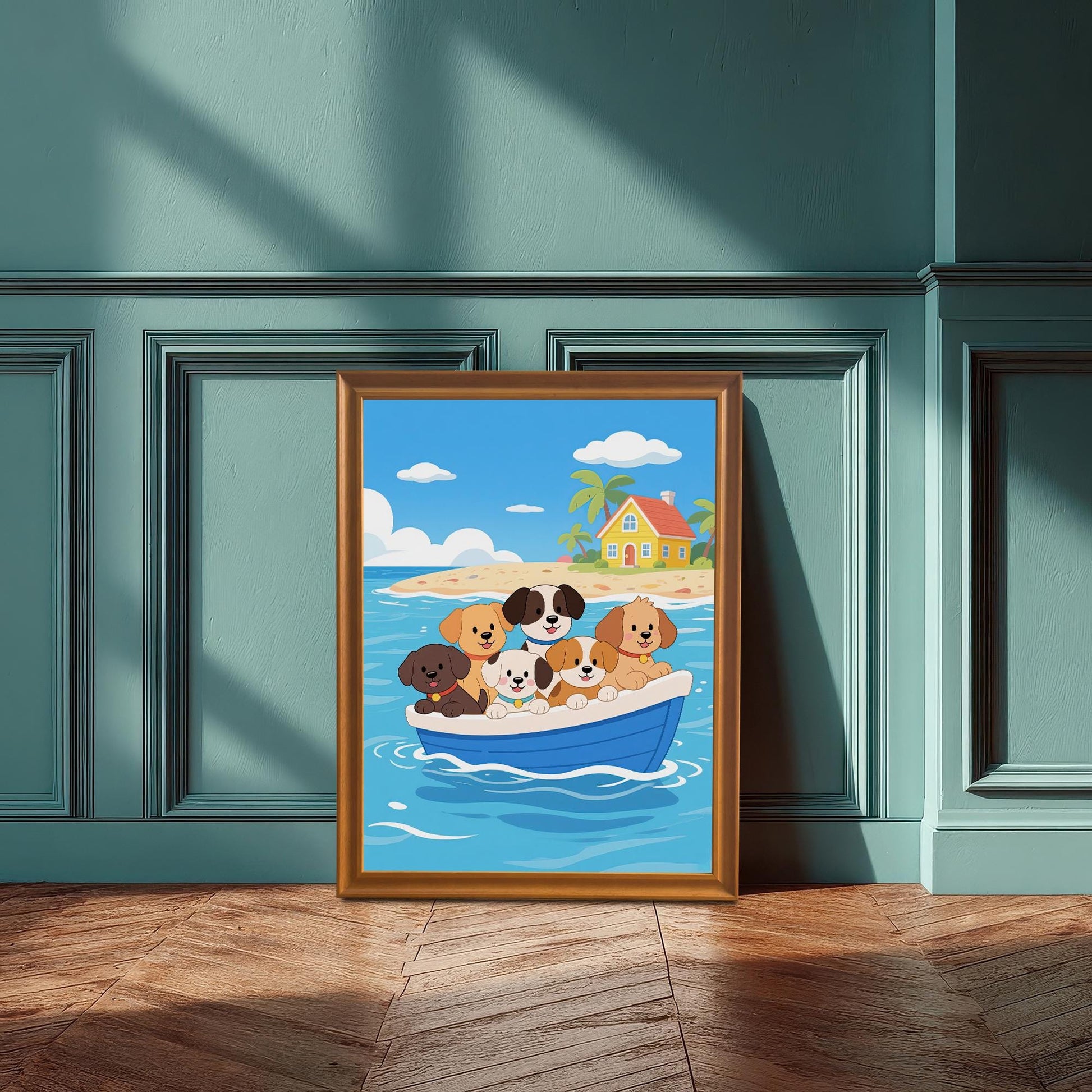 A cartoon art print of six dogs in a boat, framed in orange, leaning on a wooden floor against a teal paneled wall.