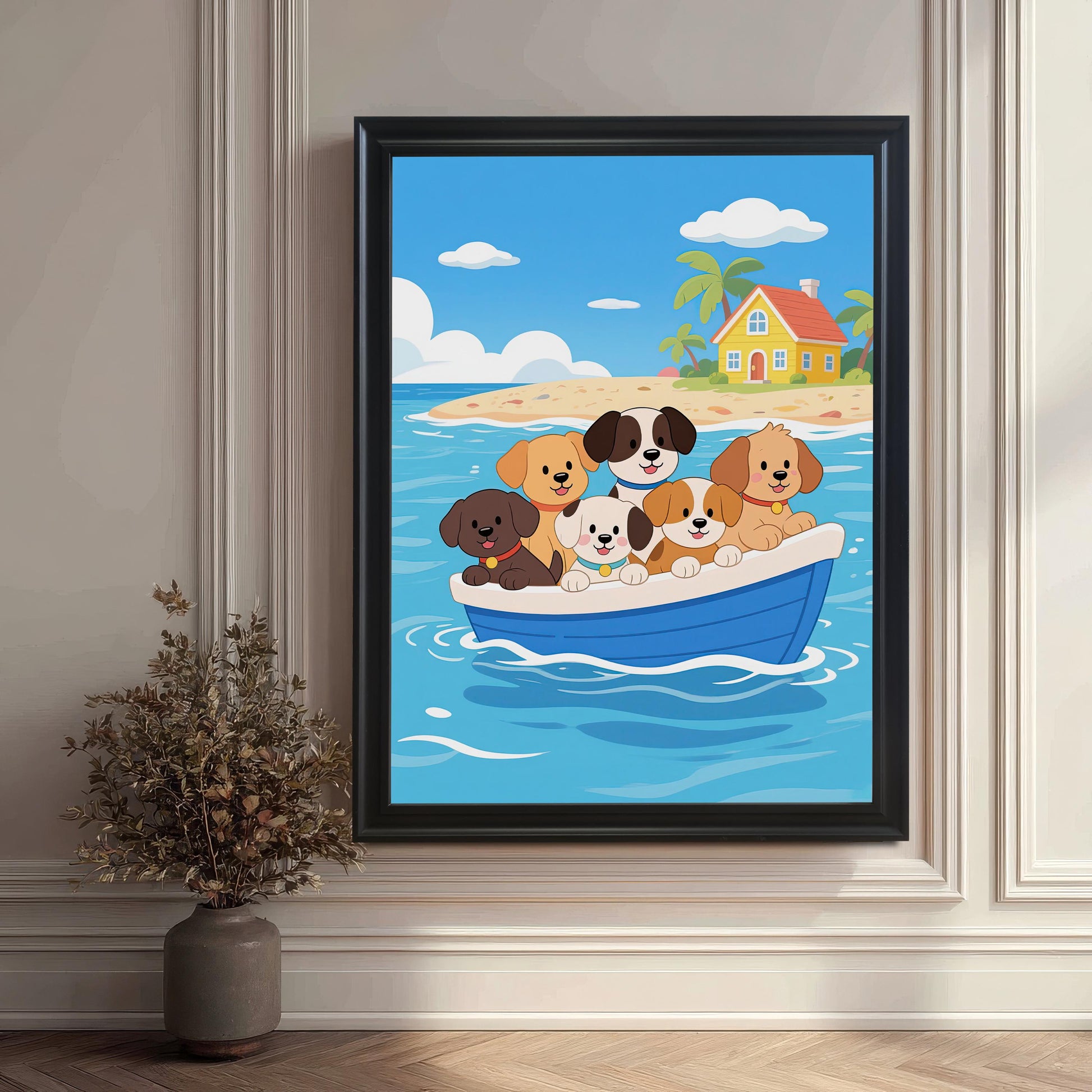 A large, framed cartoon art print featuring six happy dogs in a blue boat near a tropical island with a yellow house. The print is framed in black and displayed next to dried plants.
