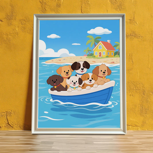A white-framed, cartoon-style print of five dogs in a blue boat leans on the floor against a textured yellow wall.