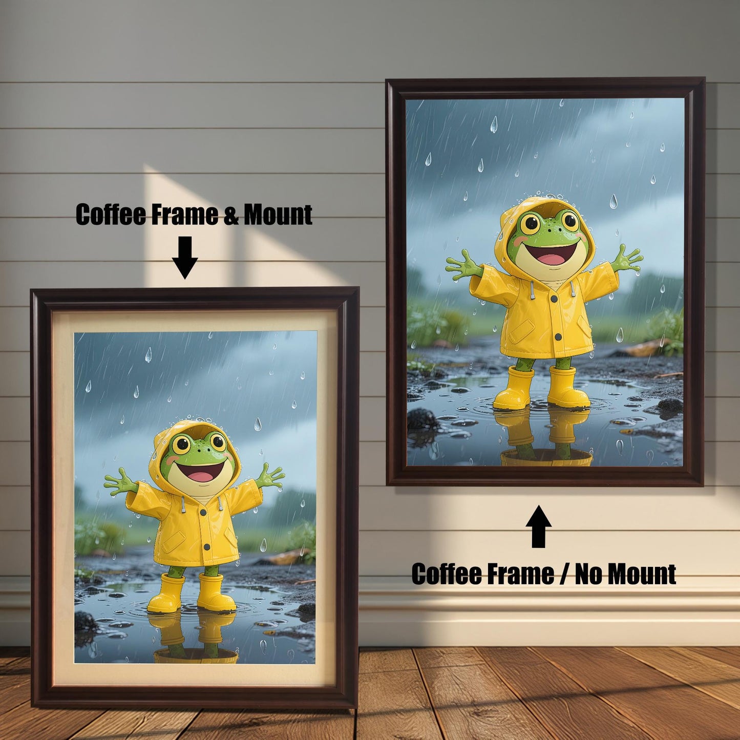 Comparison of two coffee-framed prints: one with a white mount (mat) and one without, both featuring the happy frog in a yellow raincoat standing in the rain.