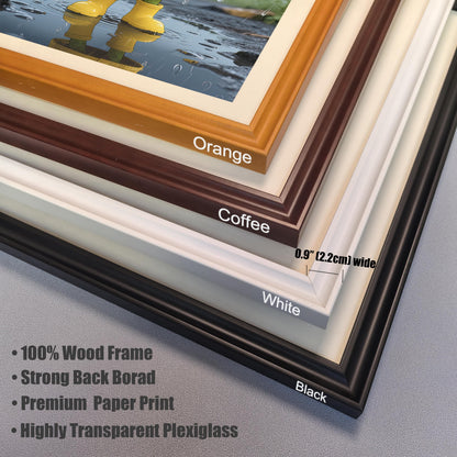 A close-up of four frame corners (Orange, Coffee, White, Black), showing the 0.9" (2.2cm) width and listing features like 100% Wood Frame and Highly Transparent Plexiglass.