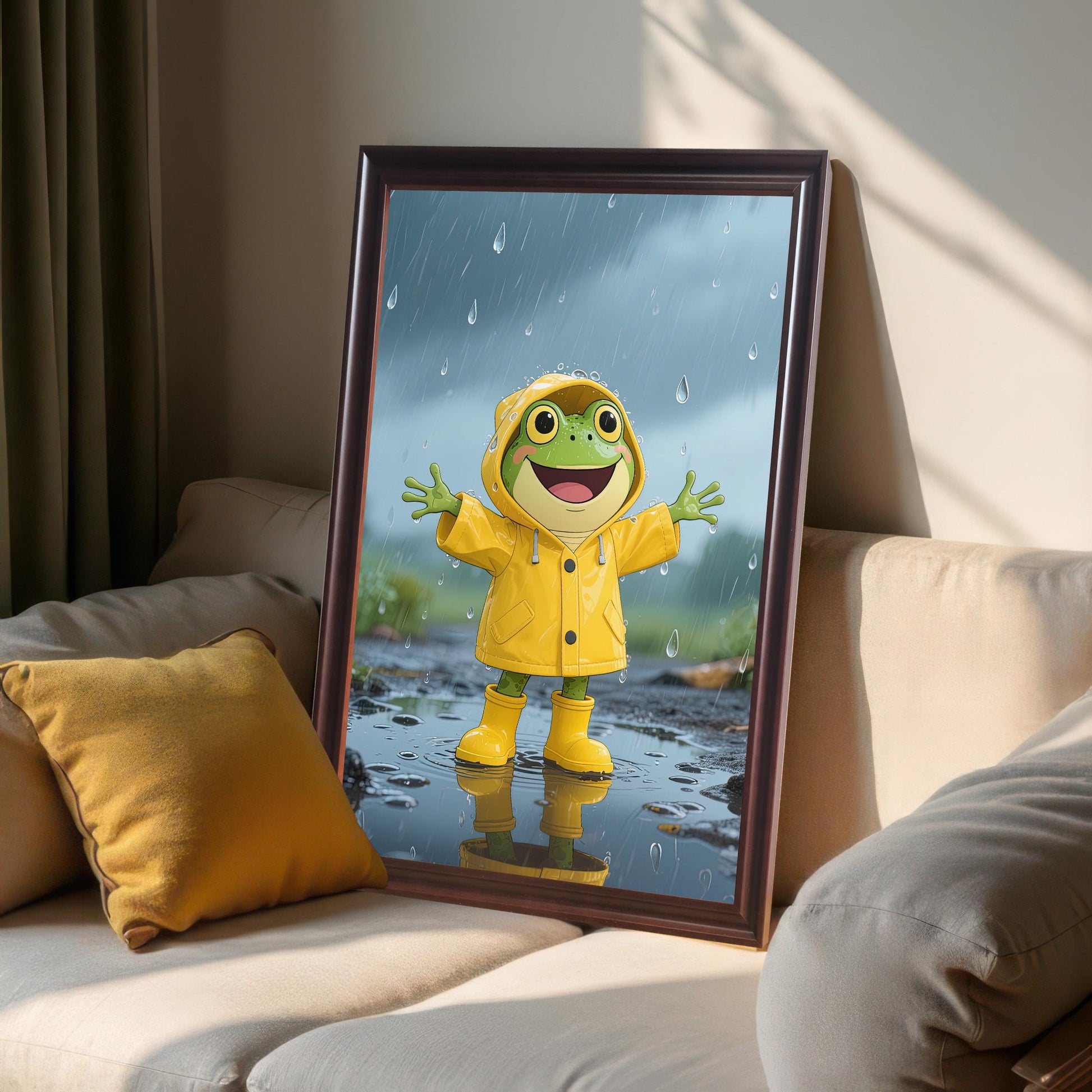 A coffee-framed art print of a joyful cartoon frog in a yellow raincoat and boots, standing in a puddle, leaning on a light-colored sofa.