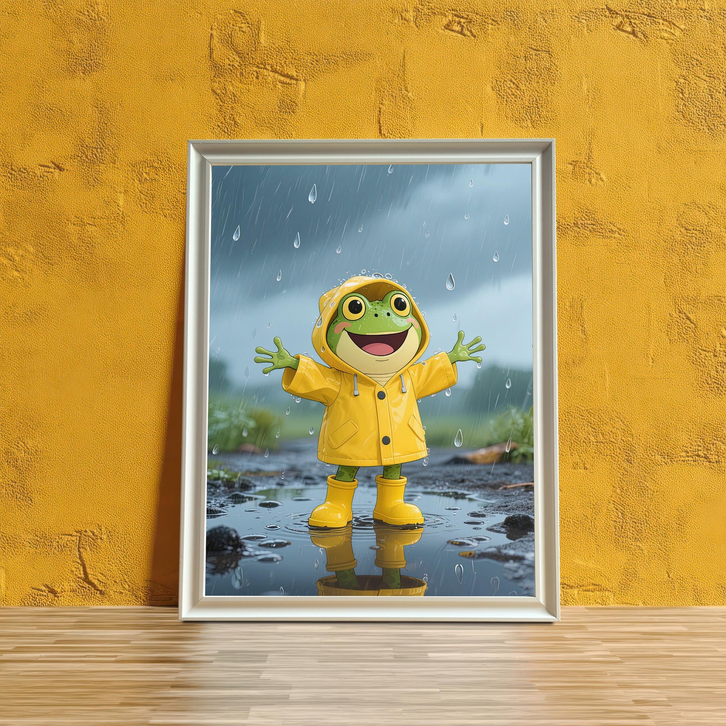A white-framed art print of a joyful cartoon frog in a yellow raincoat and boots, standing in a puddle, leaning against a textured yellow wall.