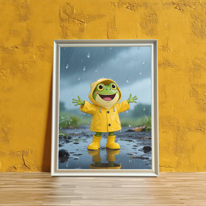 A white-framed art print of a joyful cartoon frog in a yellow raincoat and boots, standing in a puddle, leaning against a textured yellow wall.