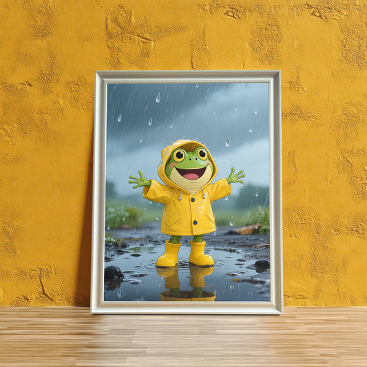 A white-framed art print of a joyful cartoon frog in a yellow raincoat and boots, standing in a puddle, leaning against a textured yellow wall.