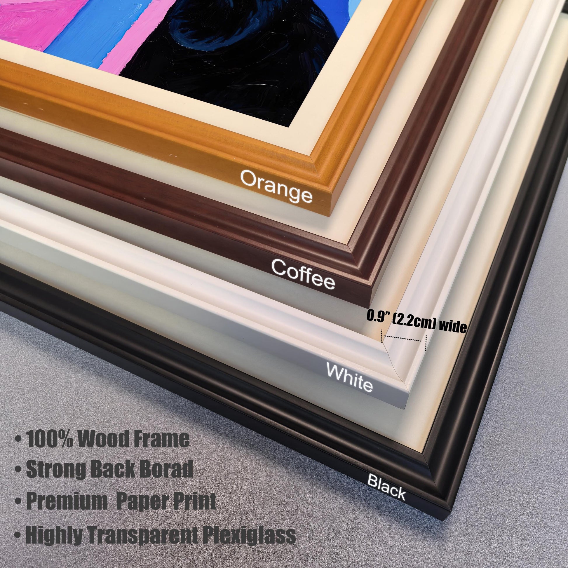 A stack of frame corner samples in **Orange, Coffee, White, and Black**, showing the **0.9" (2.2cm) wide** profile and print materials like **100% Wood Frame**.
