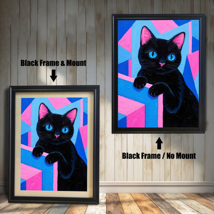 Two framed art prints of a black cat with blue eyes on a pink and blue background. One has a **Black Frame & Mount**, the other a **Black Frame / No Mount**.