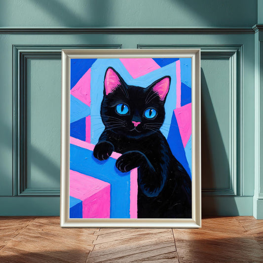 A framed art print of a black cat with blue eyes on a pink and blue geometric background, in a white frame leaning against a teal wainscoting wall.