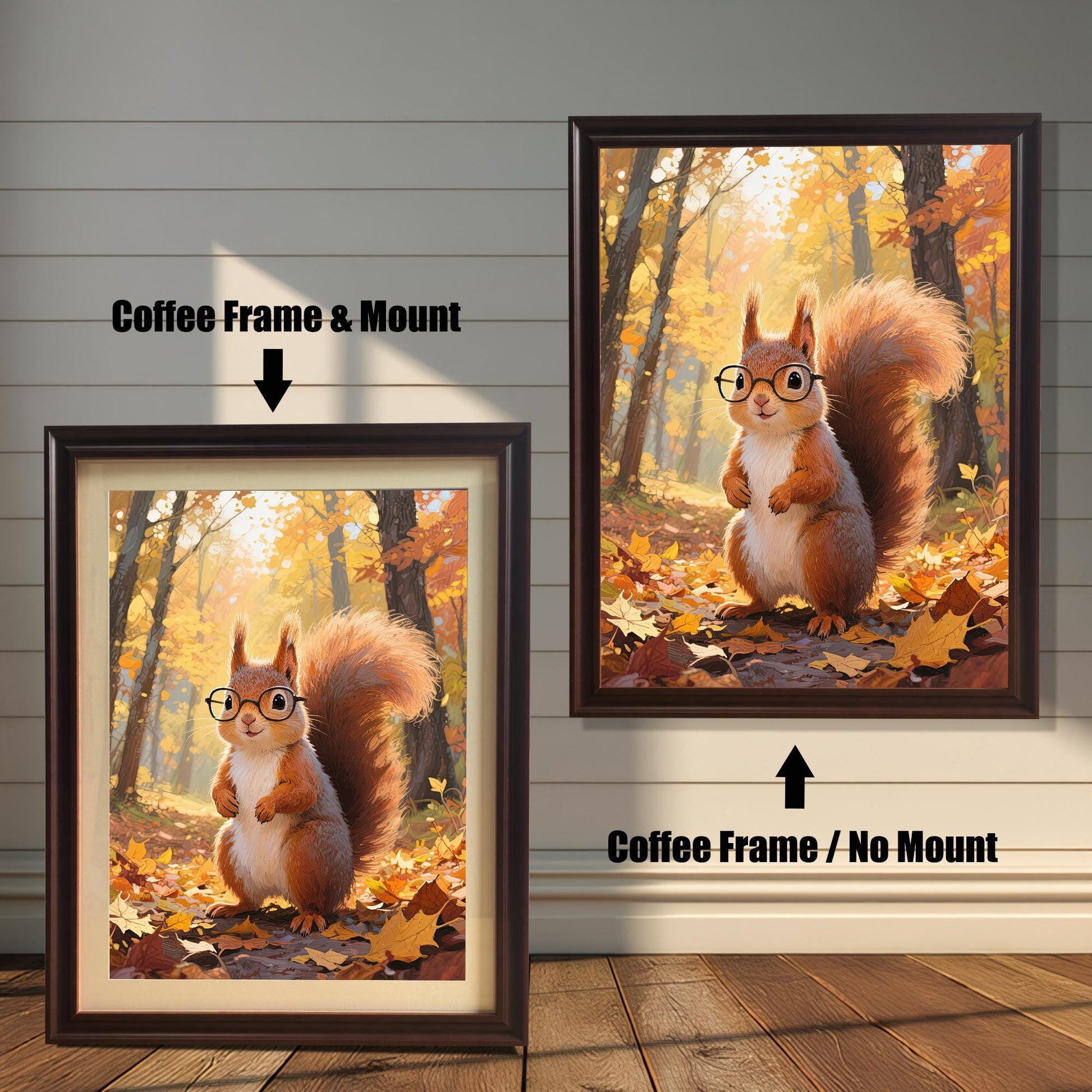 Comparison of two coffee-framed prints: one with a white mount (mat) and one without, both featuring the cartoon squirrel with glasses in a sunny autumn forest.
