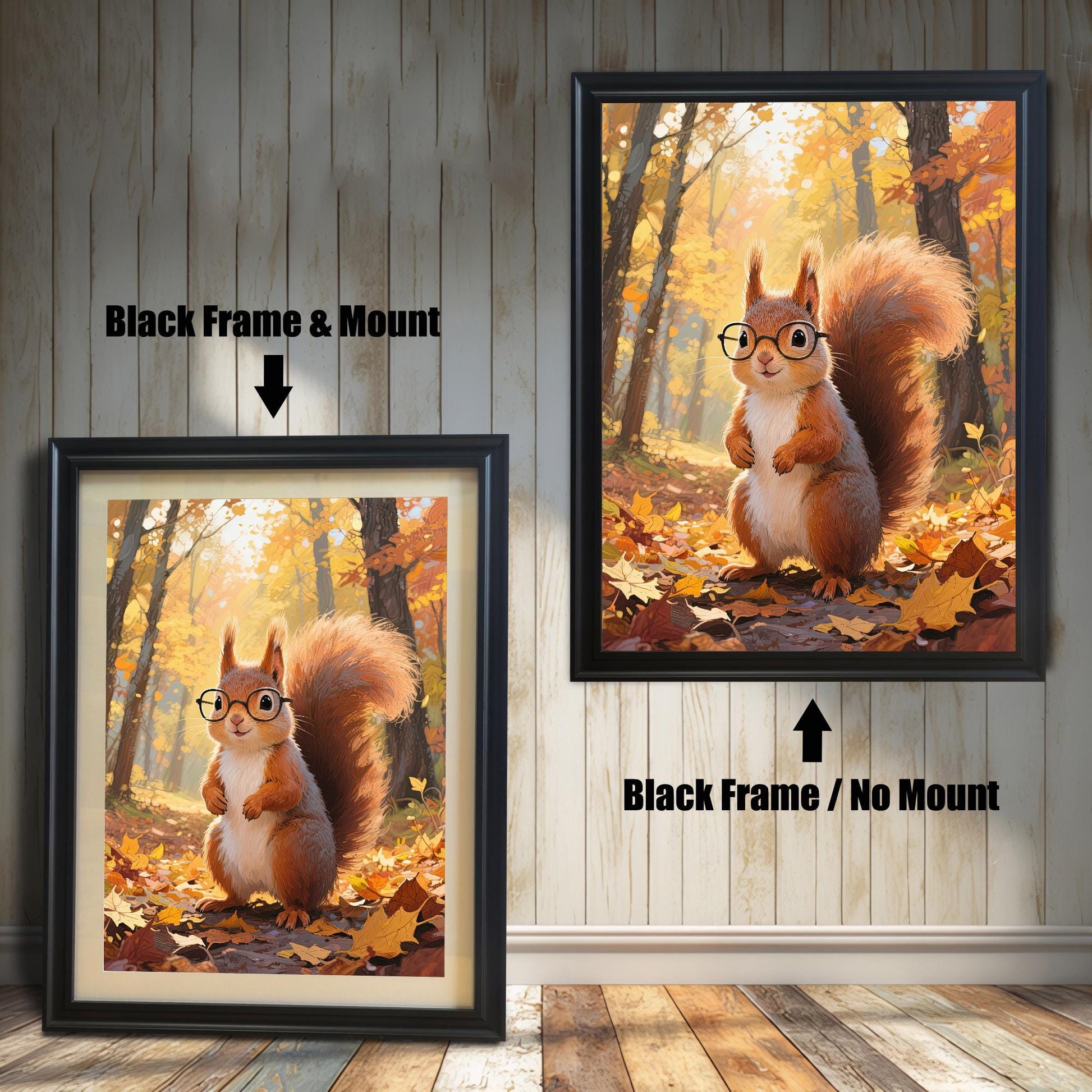 Comparison of two black-framed prints: one with a white mount (mat) and one without, both featuring the cartoon squirrel with glasses in a sunny autumn forest.
