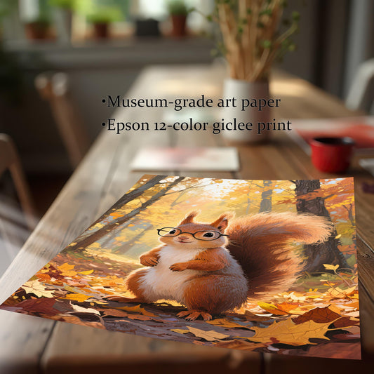 A close-up of the museum-grade art paper print with an "Epson 12-color giclee print" label, showing the image of the squirrel in the autumn forest on a wooden table.