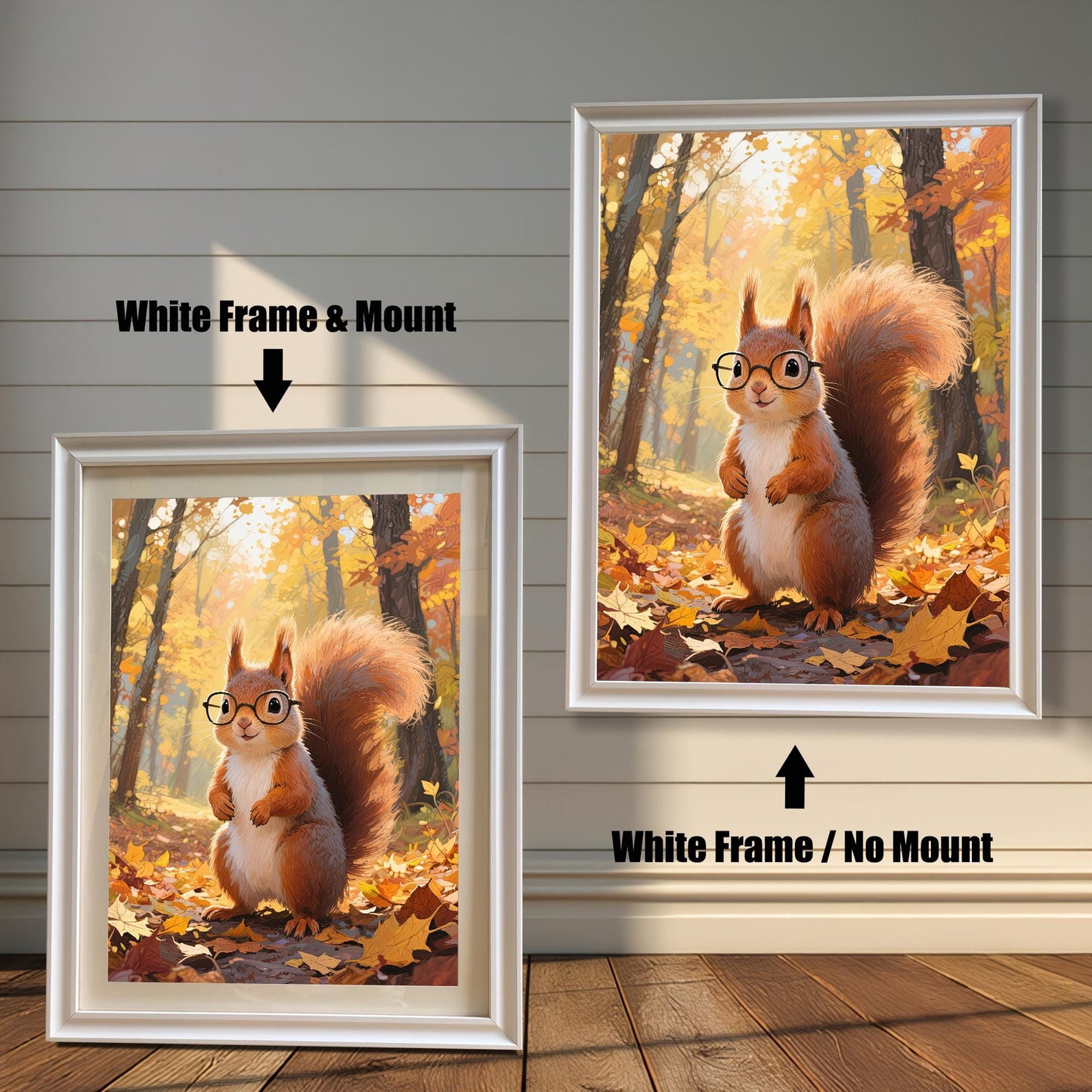 Comparison of two white-framed prints: one with a white mount (mat) and one without, both featuring the cartoon squirrel with glasses in a sunny autumn forest.