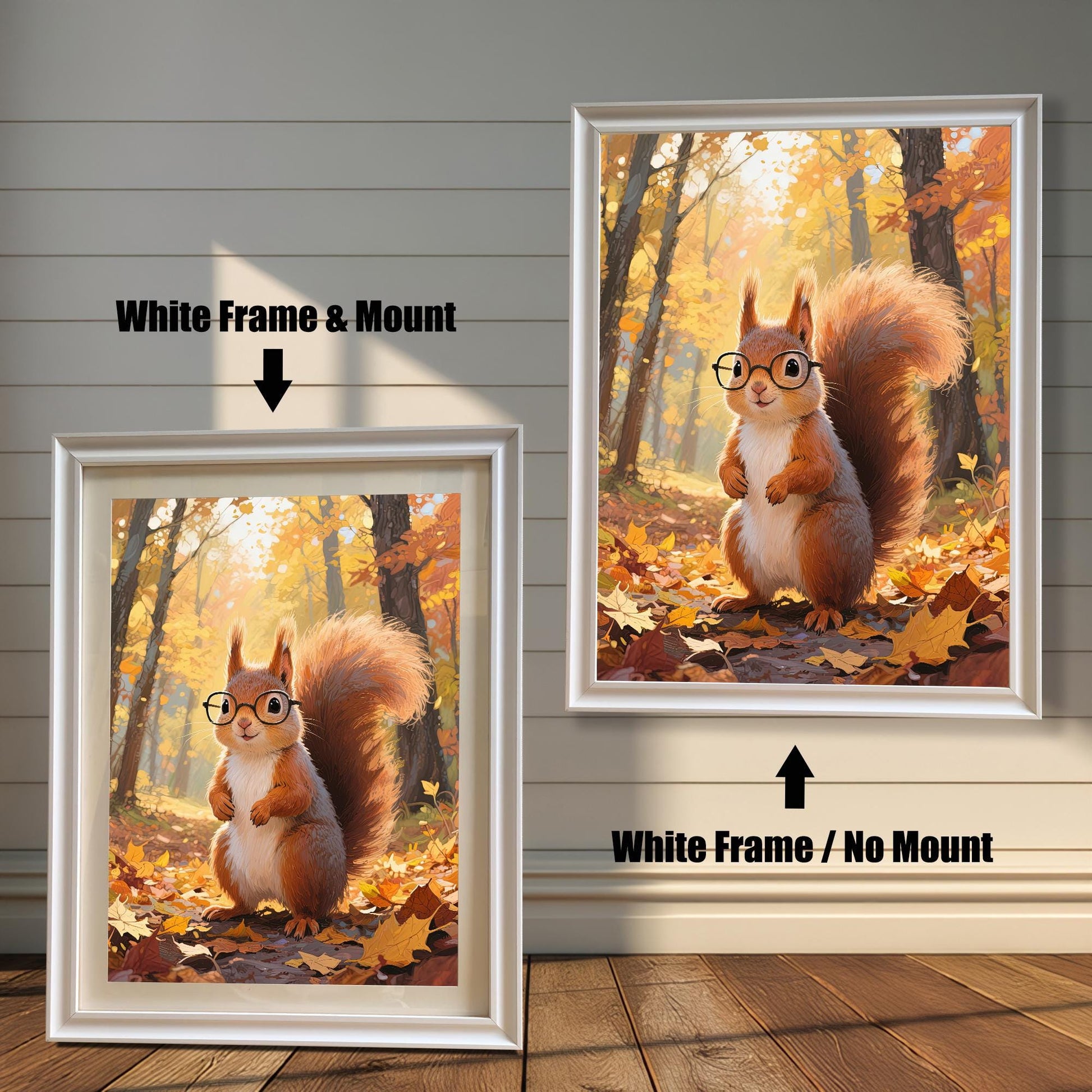 Comparison of two white-framed prints: one with a white mount (mat) and one without, both featuring the cartoon squirrel with glasses in a sunny autumn forest.