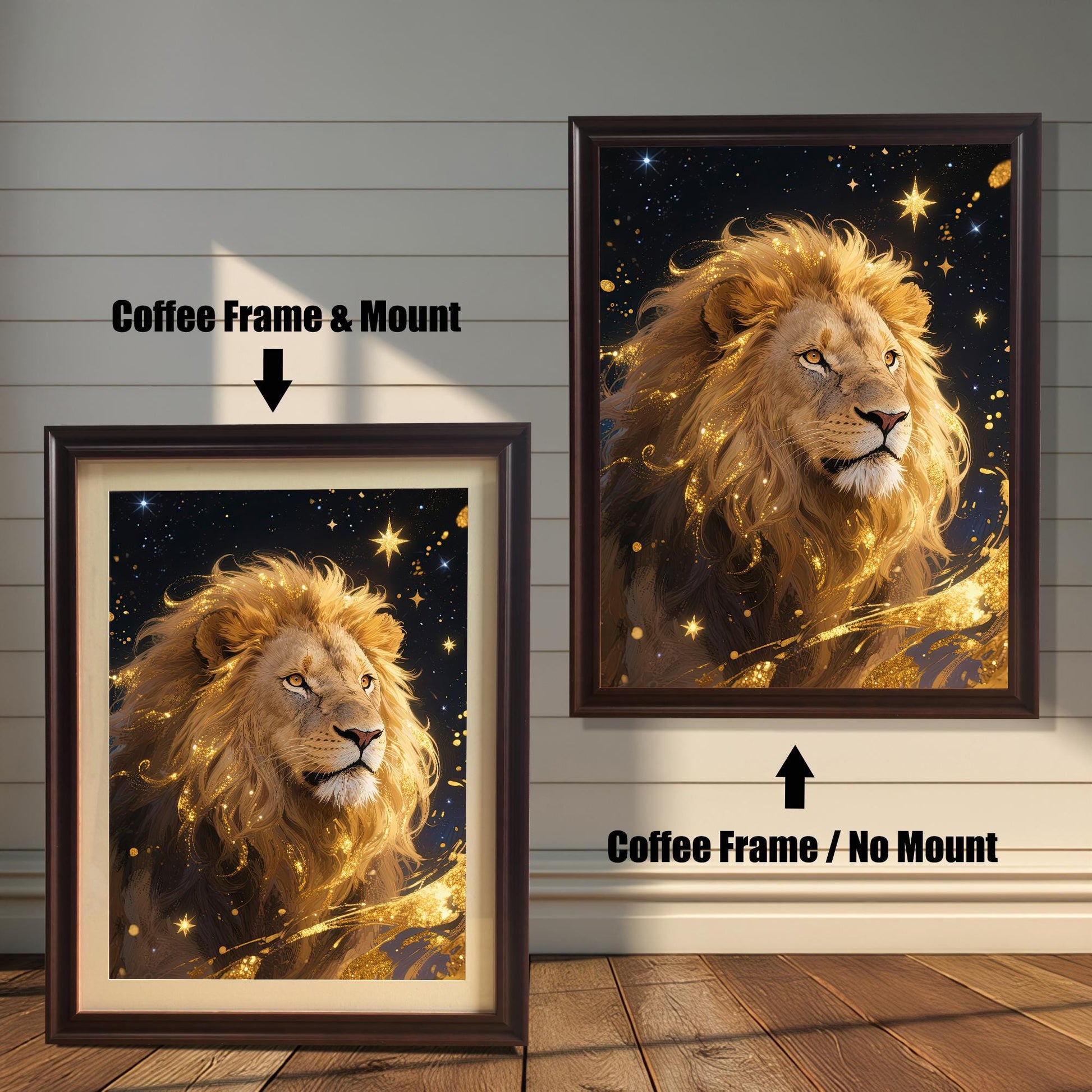 Comparison of two coffee-framed prints: one with a white mount (mat) and one without, both featuring the golden lion portrait against a starry, dark blue background.