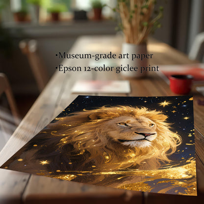 A close-up of the museum-grade art paper print with an "Epson 12-color giclee print" label, showing the lion portrait on a wooden table.