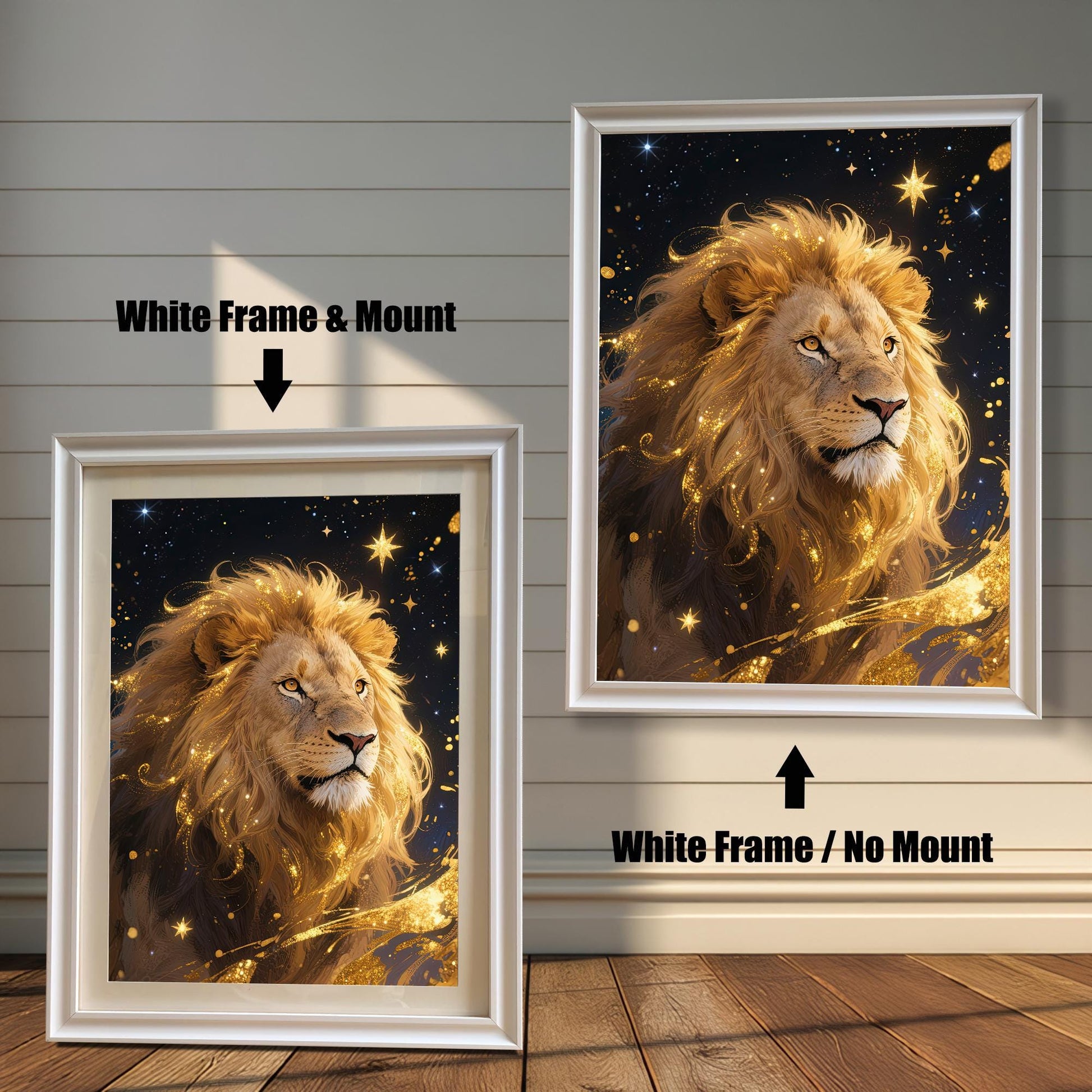 Comparison of two white-framed prints: one with a white mount (mat) and one without, both featuring the golden lion portrait against a starry, dark blue background.