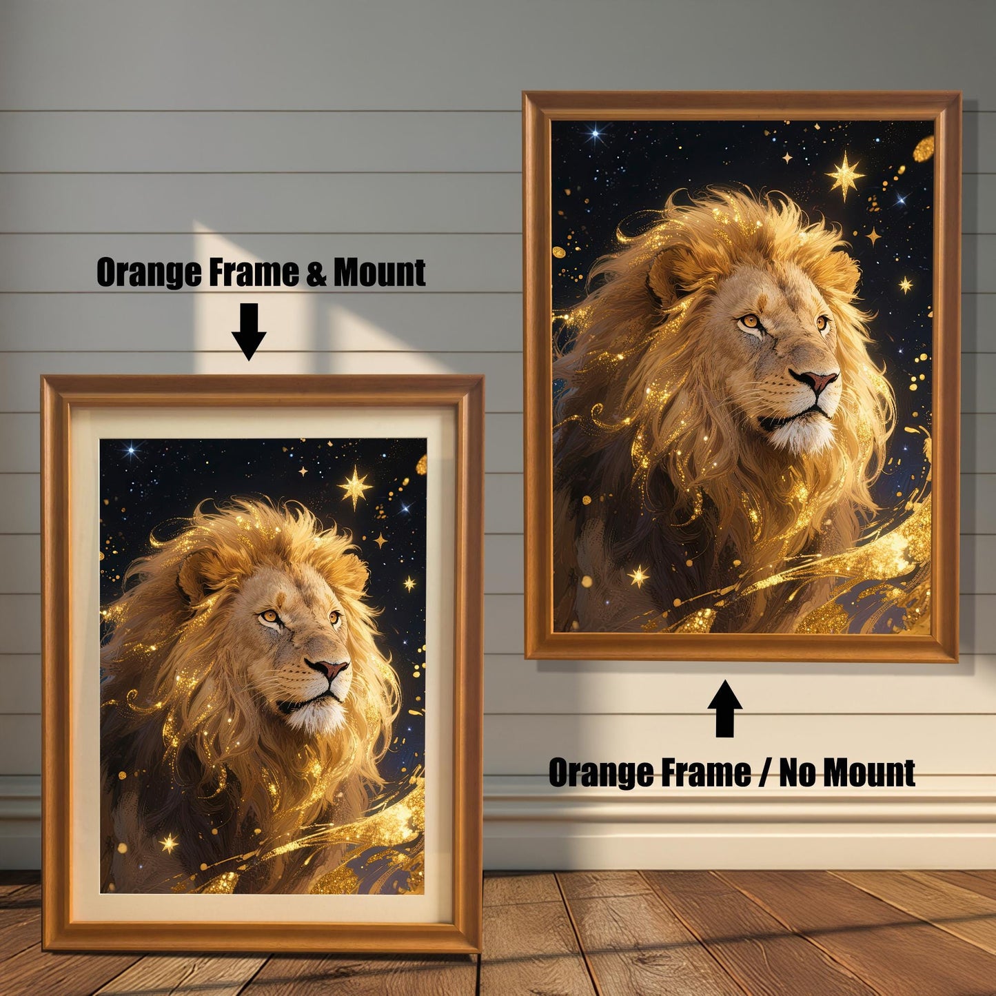 Comparison of two orange-framed prints: one with a white mount (mat) and one without, both featuring the golden lion portrait against a starry, dark blue background.