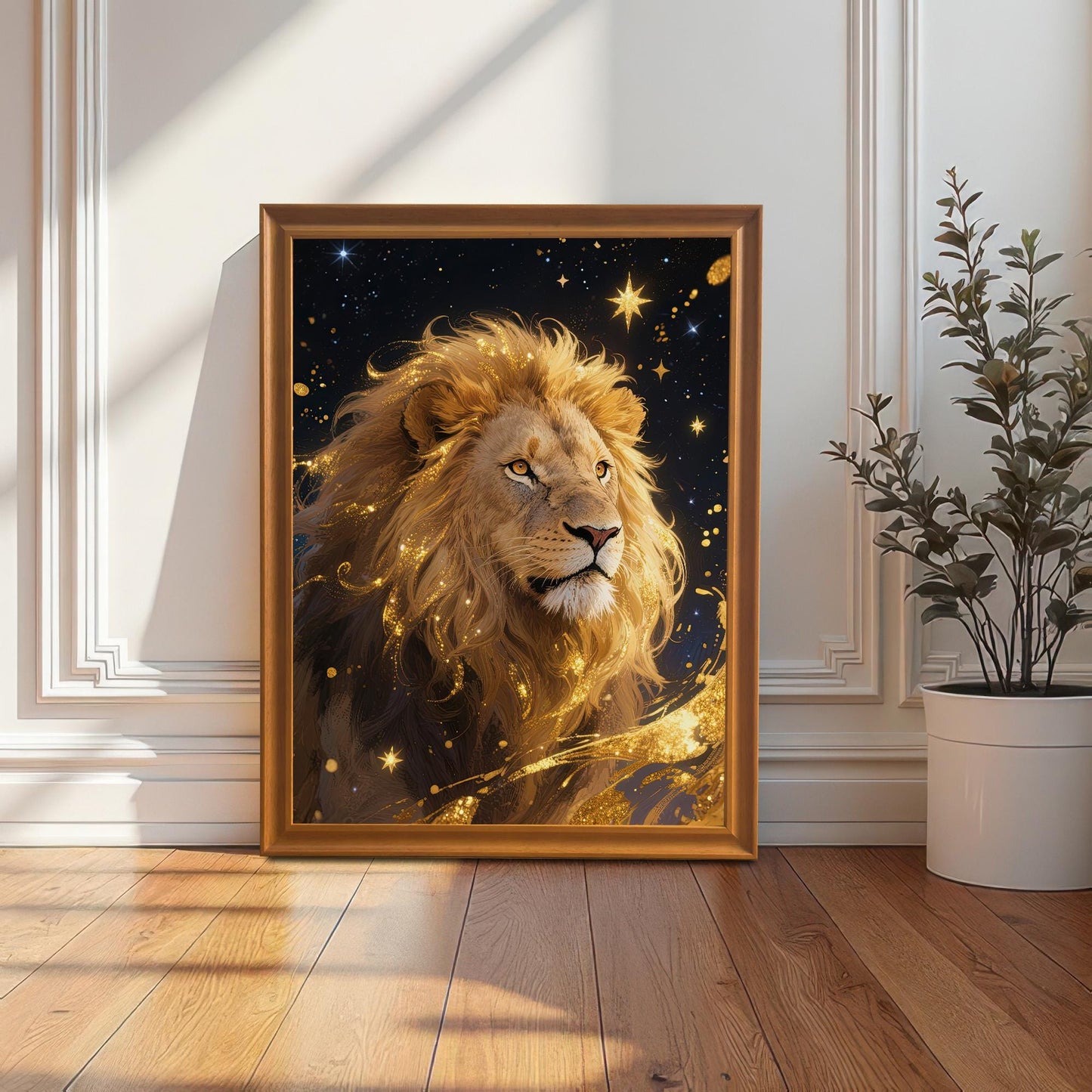 A large, orange-framed art print of the majestic, golden lion portrait, leaning against a white paneled wall next to a houseplant.