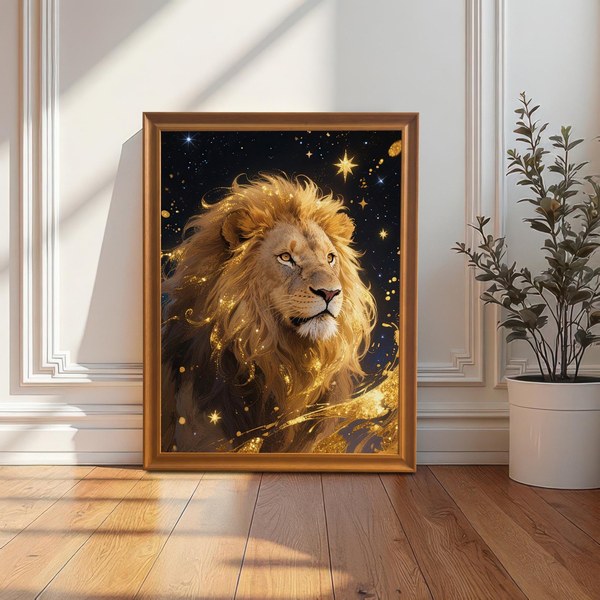 A large, orange-framed art print of the majestic, golden lion portrait, leaning against a white paneled wall next to a houseplant.