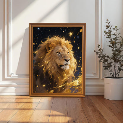 A large, orange-framed art print of the majestic, golden lion portrait, leaning against a white paneled wall next to a houseplant.