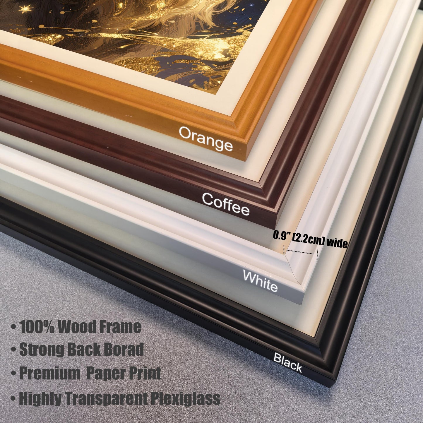 A close-up of four frame corners (Orange, Coffee, White, Black), showing the 0.9" (2.2cm) width and listing features like 100% Wood Frame and Highly Transparent Plexiglass.