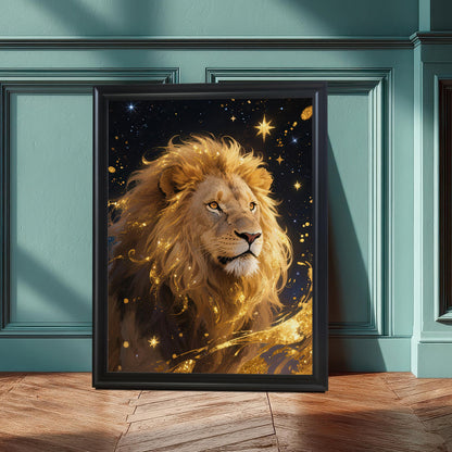 A large, black-framed art print of a majestic lion with a golden mane and starry background, leaning against a teal paneled wall.