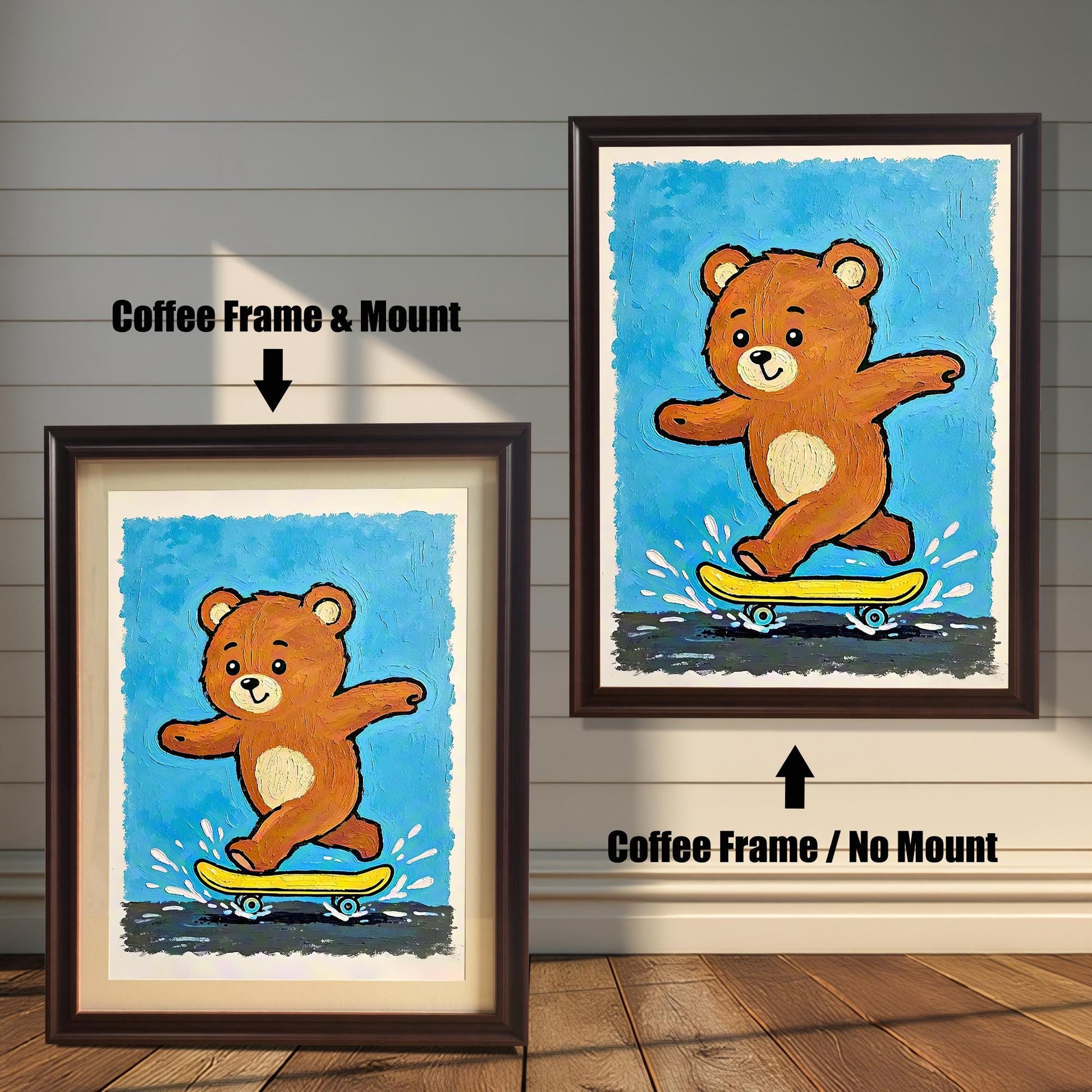 Side-by-side comparison of a teddy bear skateboarding print on a blue background, shown in a dark brown **Coffee Frame** with a white **Mount** (left) and without a mount (right).