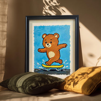 A framed art print of a bear skateboarding is propped on a surface between two pillows, with sunlight casting shadows across the room. The frame is black with a white mat.