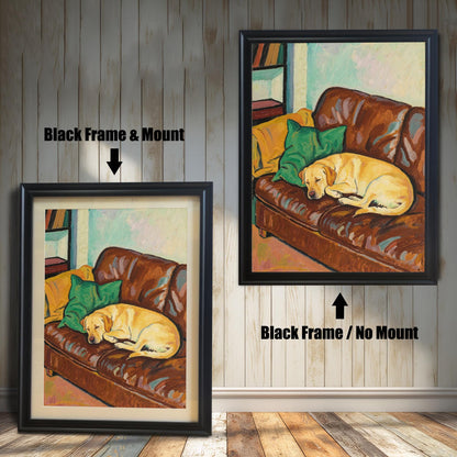 Comparison of two black-framed prints: one with a white mount (mat) and one without, both featuring the oil painting of the sleeping yellow Labrador.
