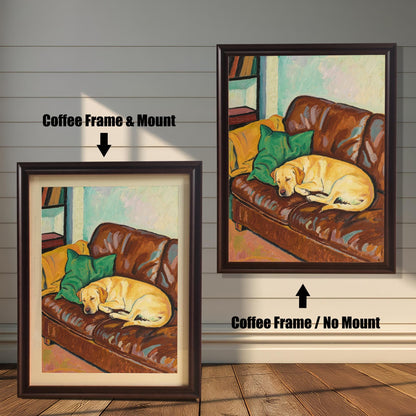 Comparison of two coffee-framed prints: one with a white mount (mat) and one without, both featuring the oil painting of the sleeping yellow Labrador.