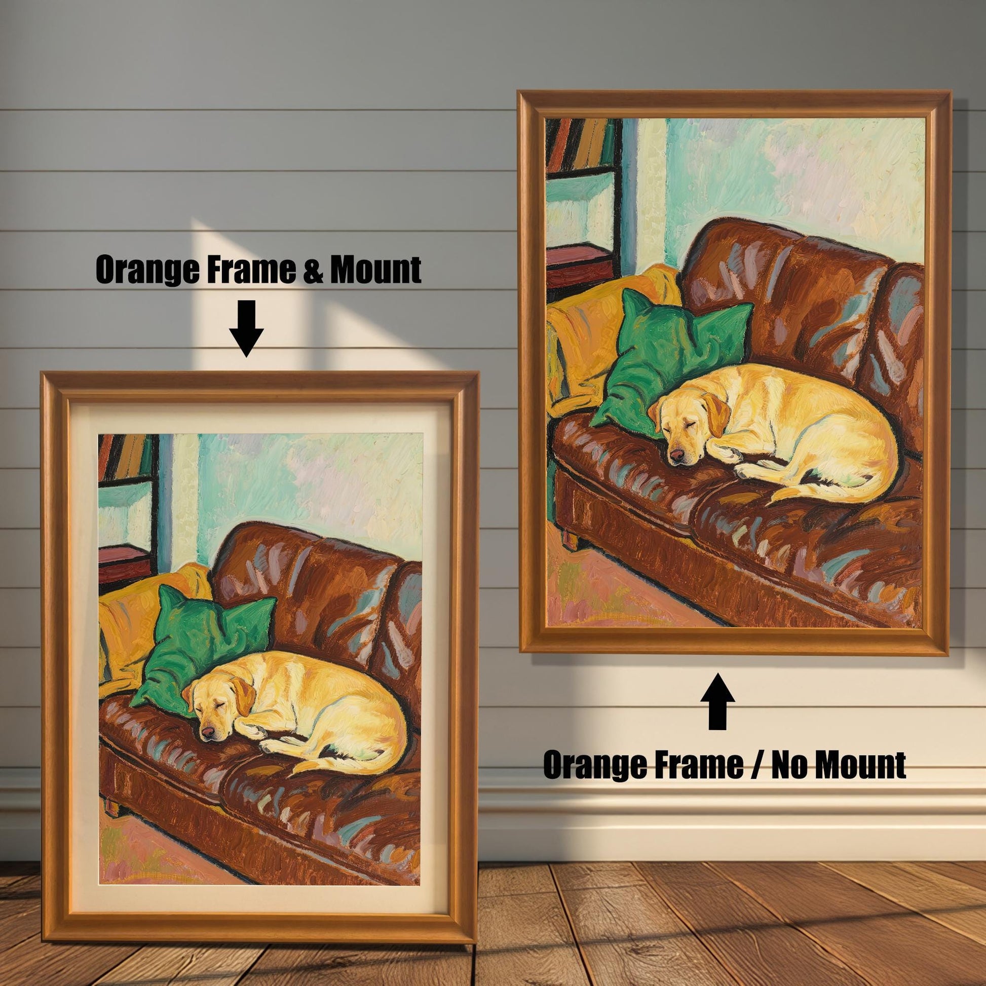 Comparison of two orange-framed prints: one with a white mount (mat) and one without, both featuring the oil painting of the sleeping yellow Labrador.